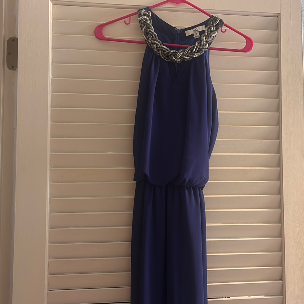 Ya Los Angeles Royal Blue Maxi Dress with Metallic Braided Neckline